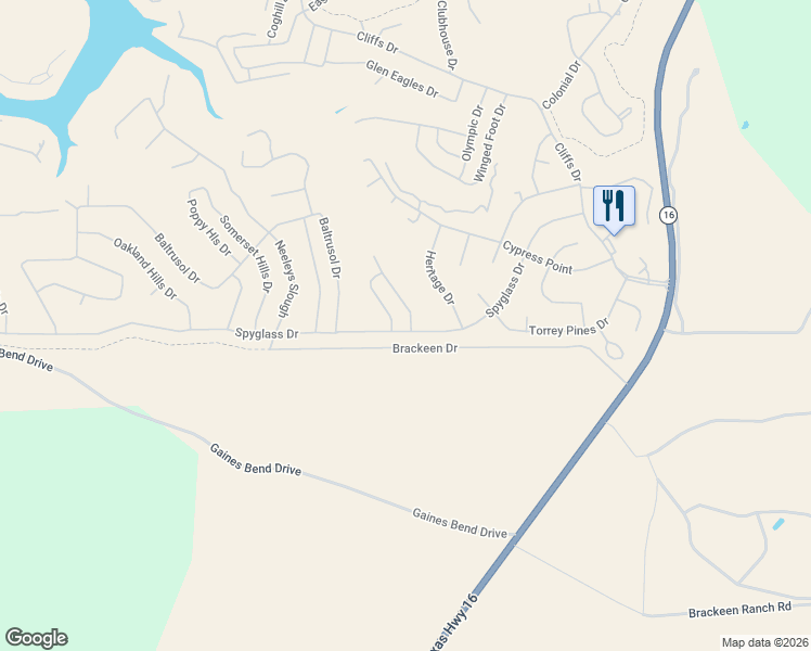 map of restaurants, bars, coffee shops, grocery stores, and more near 505 Spyglass Drive in Graford