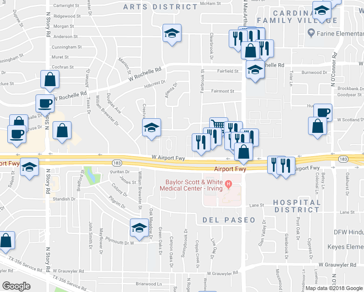 map of restaurants, bars, coffee shops, grocery stores, and more near 1509 West Airport Freeway in Irving