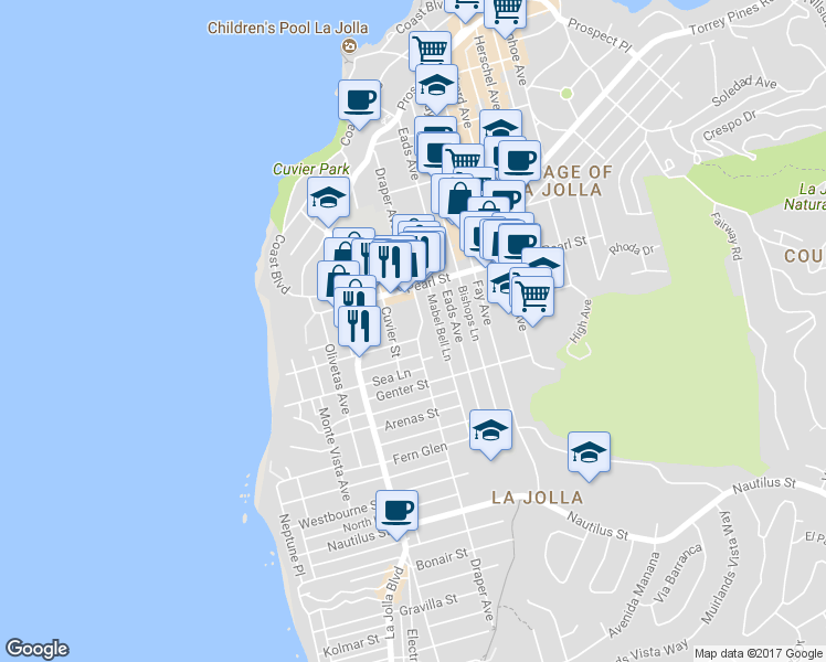 map of restaurants, bars, coffee shops, grocery stores, and more near 650 1/2 Marine Street in San Diego