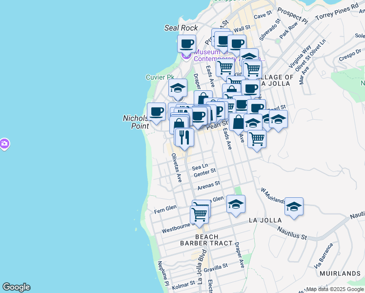 map of restaurants, bars, coffee shops, grocery stores, and more near 7440 La Jolla Boulevard in San Diego