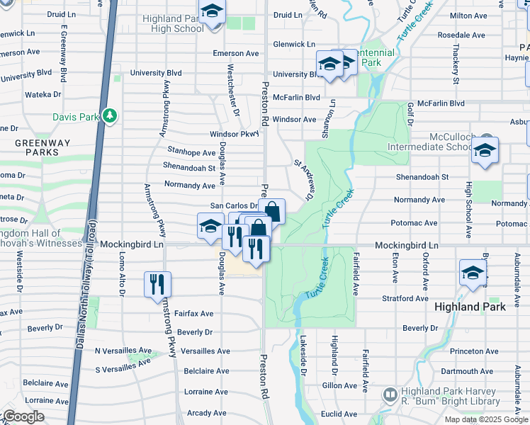 map of restaurants, bars, coffee shops, grocery stores, and more near 5626 Preston Road in Dallas