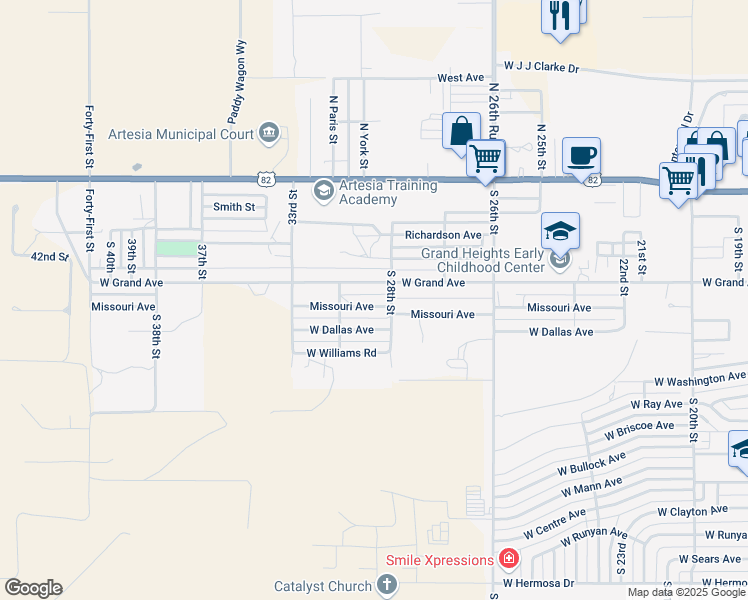 map of restaurants, bars, coffee shops, grocery stores, and more near 2806 Missouri Avenue in Artesia