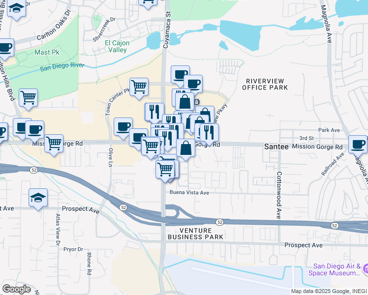 map of restaurants, bars, coffee shops, grocery stores, and more near 9846 Mission Vega Road in Santee