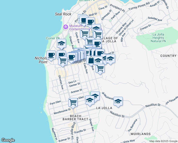 map of restaurants, bars, coffee shops, grocery stores, and more near 7356 Eads Avenue in San Diego