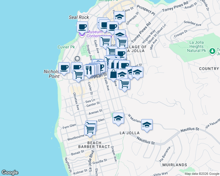map of restaurants, bars, coffee shops, grocery stores, and more near 7356 Eads Avenue in San Diego