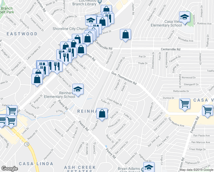 map of restaurants, bars, coffee shops, grocery stores, and more near 10435 Wood Dale Drive in Dallas