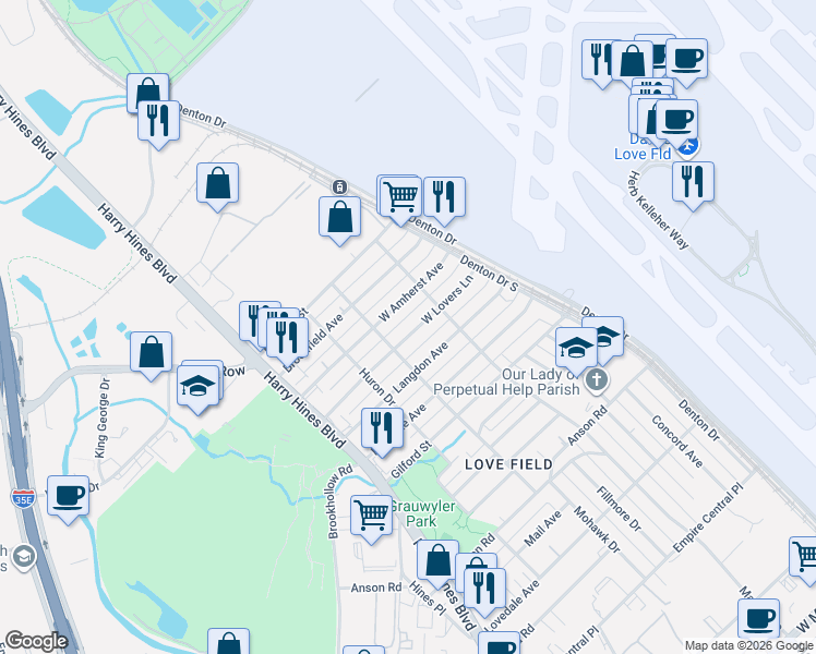 map of restaurants, bars, coffee shops, grocery stores, and more near 2319 West Lovers Lane in Dallas