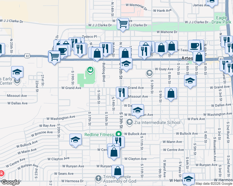 map of restaurants, bars, coffee shops, grocery stores, and more near 503 South 14th Street in Artesia