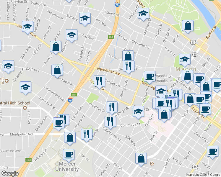 map of restaurants, bars, coffee shops, grocery stores, and more near 661 Monroe Street in Macon