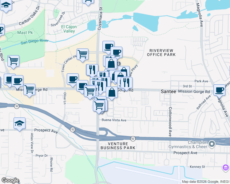 map of restaurants, bars, coffee shops, grocery stores, and more near 9846 Mission Vega Road in Santee