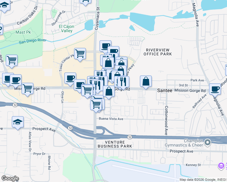 map of restaurants, bars, coffee shops, grocery stores, and more near 9932 Mission Vega Road in Santee
