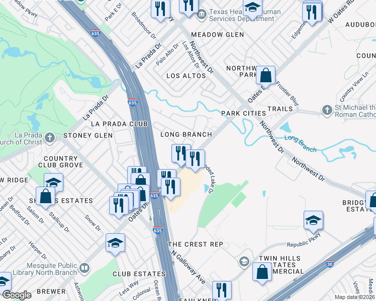 map of restaurants, bars, coffee shops, grocery stores, and more near 1805 Oates Drive in Mesquite