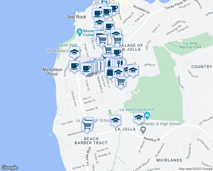 map of restaurants, bars, coffee shops, grocery stores, and more near 7377 Eads Avenue in San Diego