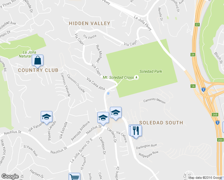 map of restaurants, bars, coffee shops, grocery stores, and more near 6815 La Jolla Scenic Drive South in San Diego