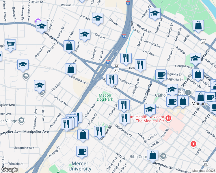 map of restaurants, bars, coffee shops, grocery stores, and more near 1601-1699 Railroad Avenue in Macon