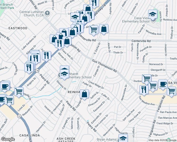 map of restaurants, bars, coffee shops, grocery stores, and more near 10435 Wood Dale Drive in Dallas