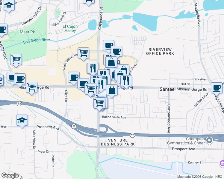 map of restaurants, bars, coffee shops, grocery stores, and more near 9846 Mission Vega Road in Santee
