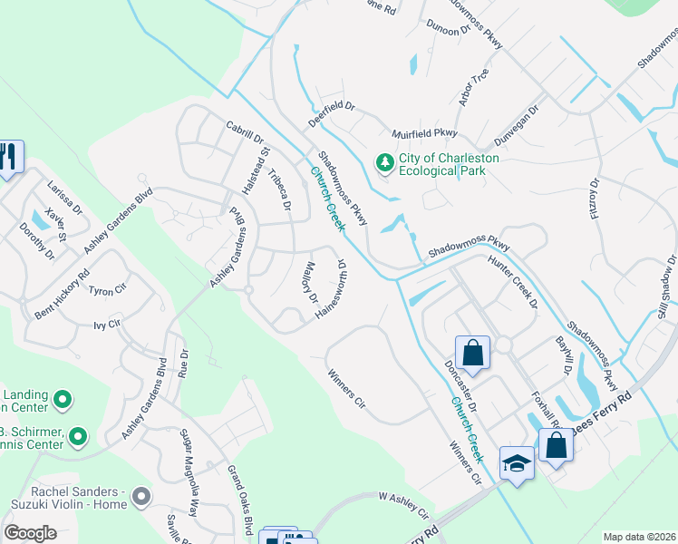 map of restaurants, bars, coffee shops, grocery stores, and more near 499 Hainesworth Drive in Charleston