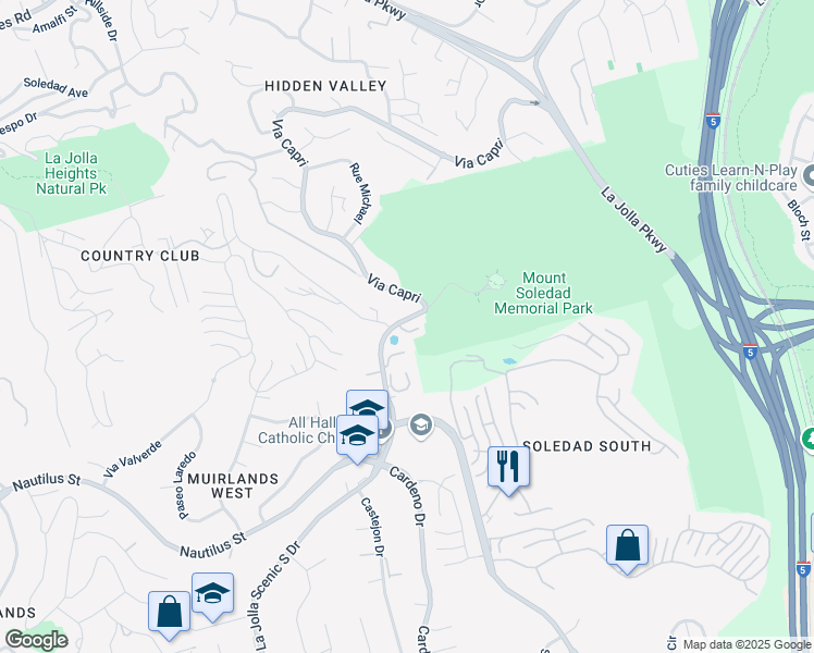 map of restaurants, bars, coffee shops, grocery stores, and more near 6815 La Jolla Scenic Drive South in San Diego