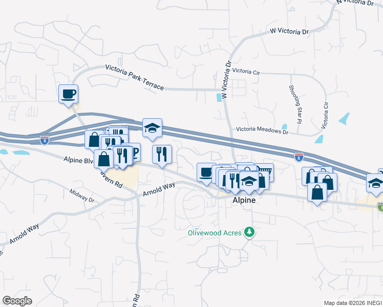 map of restaurants, bars, coffee shops, grocery stores, and more near 2089 Boulders Road in Alpine