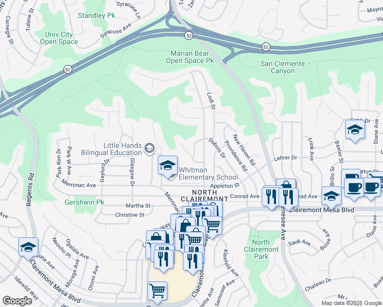map of restaurants, bars, coffee shops, grocery stores, and more near 5110 Galt Way in San Diego