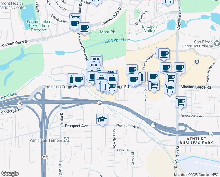 map of restaurants, bars, coffee shops, grocery stores, and more near 9355 Mission Gorge Road in Santee