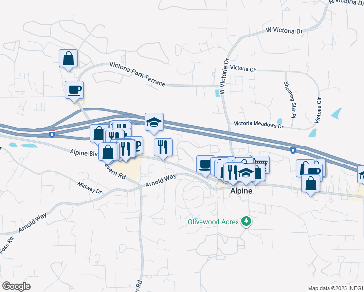 map of restaurants, bars, coffee shops, grocery stores, and more near 2281 Boulders Court in Alpine