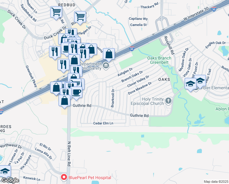 map of restaurants, bars, coffee shops, grocery stores, and more near 6314 Briarknoll Drive in Garland