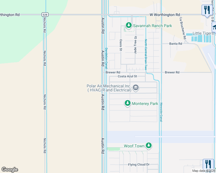 map of restaurants, bars, coffee shops, grocery stores, and more near Austin Road in Imperial