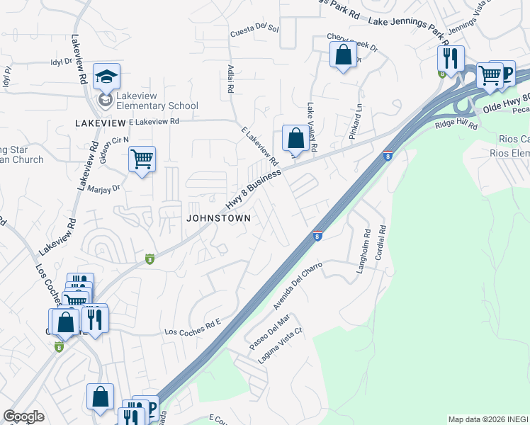map of restaurants, bars, coffee shops, grocery stores, and more near 13655 Highway 8 Business in El Cajon