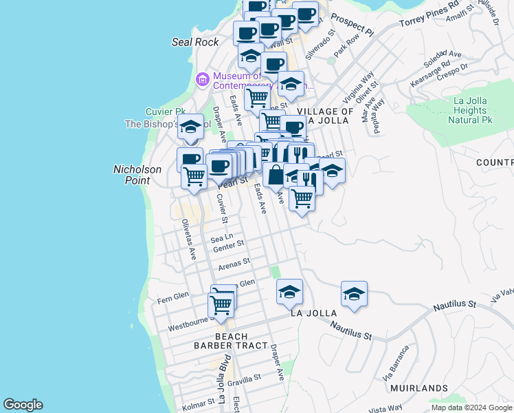 map of restaurants, bars, coffee shops, grocery stores, and more near 7356 Eads Avenue in San Diego