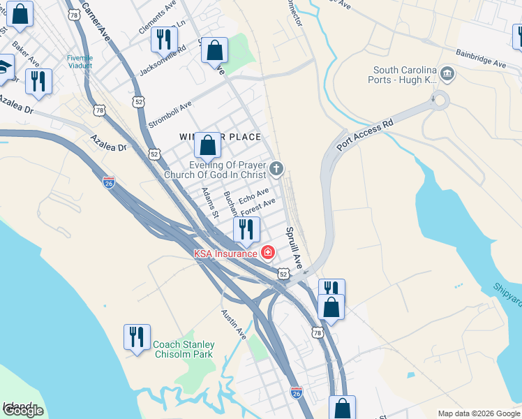 map of restaurants, bars, coffee shops, grocery stores, and more near 2000 Groveland Avenue in North Charleston