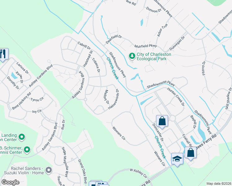 map of restaurants, bars, coffee shops, grocery stores, and more near 499 Hainesworth Drive in Charleston