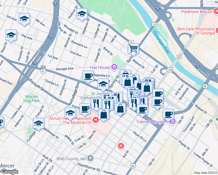 map of restaurants, bars, coffee shops, grocery stores, and more near 859 Washington Avenue in Macon