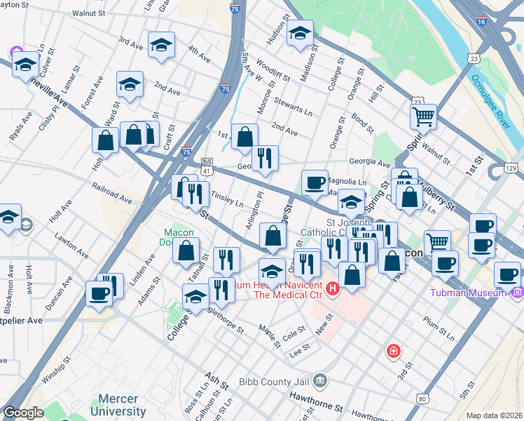 map of restaurants, bars, coffee shops, grocery stores, and more near 623 Monroe Street Lane in Macon