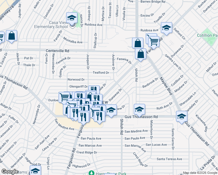 map of restaurants, bars, coffee shops, grocery stores, and more near 10445 Ferguson Road in Dallas