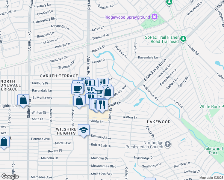 map of restaurants, bars, coffee shops, grocery stores, and more near 354 Hillside Drive in Dallas