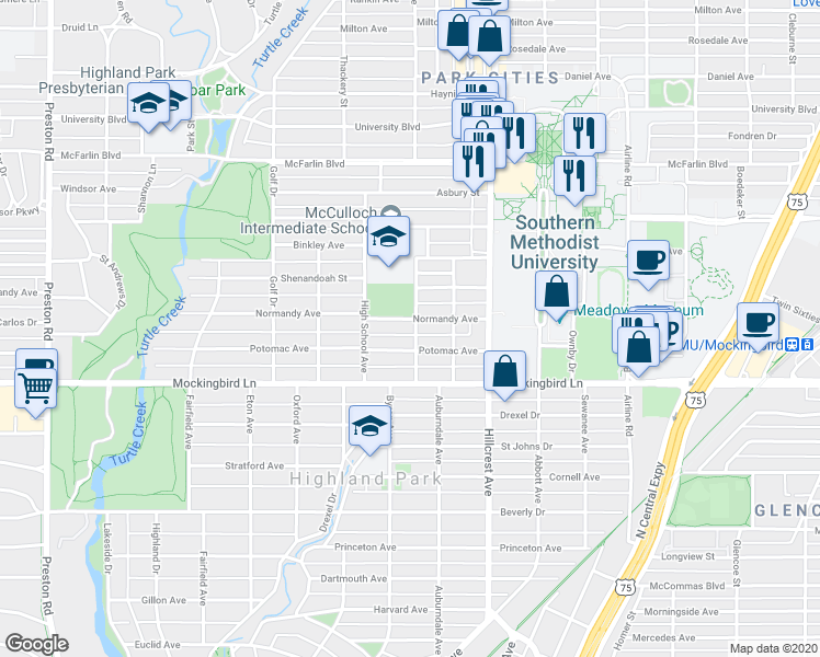 map of restaurants, bars, coffee shops, grocery stores, and more near in University Park