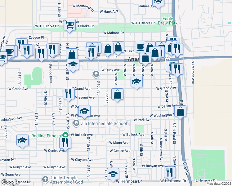 map of restaurants, bars, coffee shops, grocery stores, and more near 451 South 8th Street in Artesia