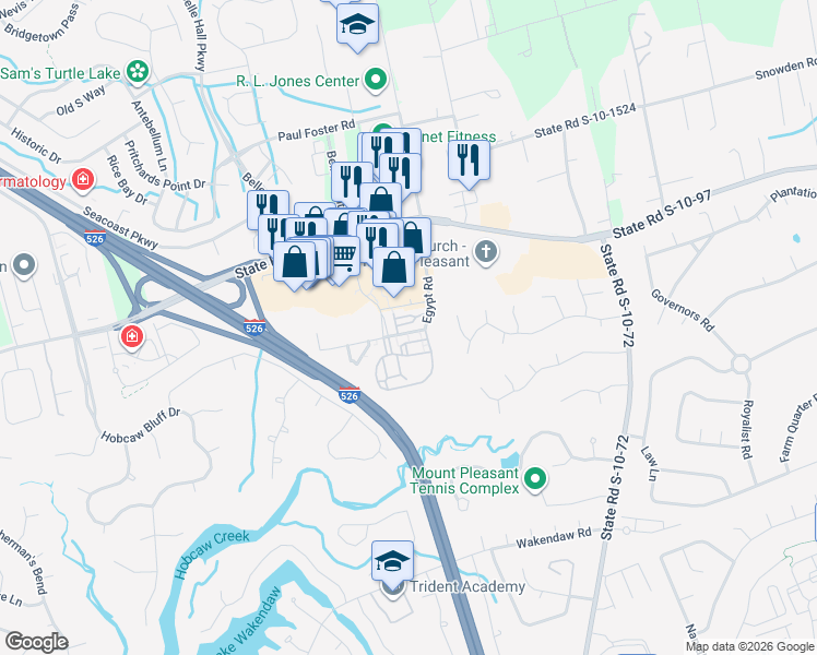 map of restaurants, bars, coffee shops, grocery stores, and more near 1710 Belle Isle Avenue in Mount Pleasant