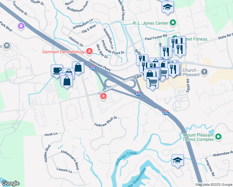 map of restaurants, bars, coffee shops, grocery stores, and more near 601 Solana Way in Mount Pleasant