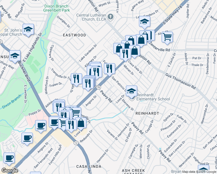 map of restaurants, bars, coffee shops, grocery stores, and more near 10030 Garland Road in Dallas