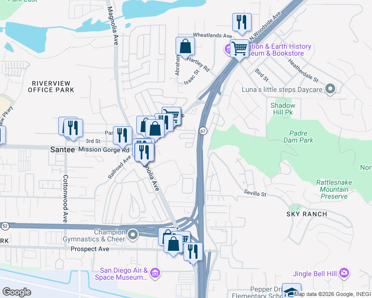 map of restaurants, bars, coffee shops, grocery stores, and more near 10756 Rockvill Street in Santee