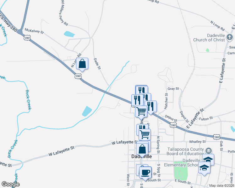 map of restaurants, bars, coffee shops, grocery stores, and more near Highway 38 in Dadeville