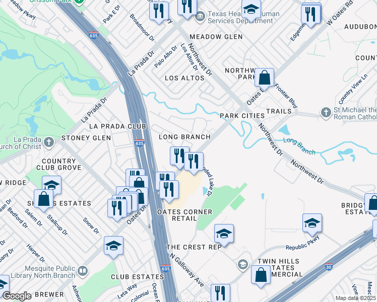 map of restaurants, bars, coffee shops, grocery stores, and more near 1805 Oates Drive in Mesquite