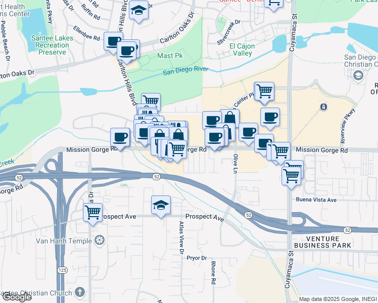 map of restaurants, bars, coffee shops, grocery stores, and more near 77 Mission Gorge Road in Santee
