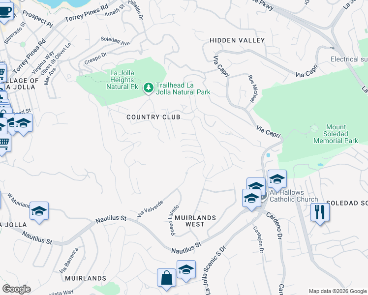 map of restaurants, bars, coffee shops, grocery stores, and more near 1843 Caminito Marzella in San Diego