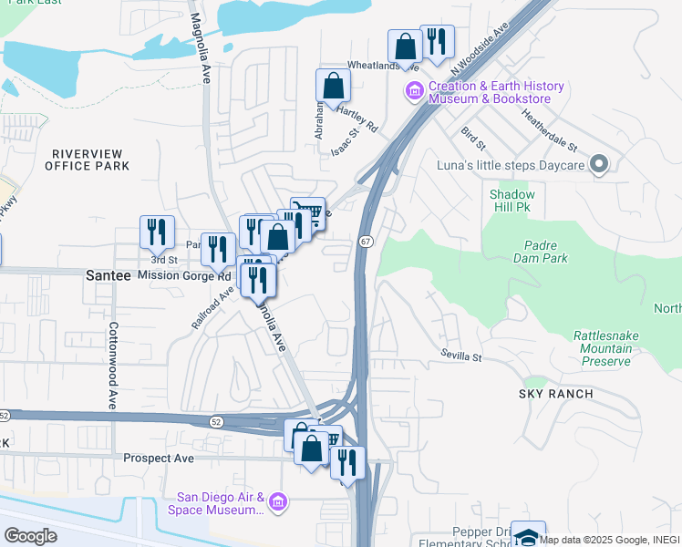 map of restaurants, bars, coffee shops, grocery stores, and more near 10810 Riderwood Terrace in Santee