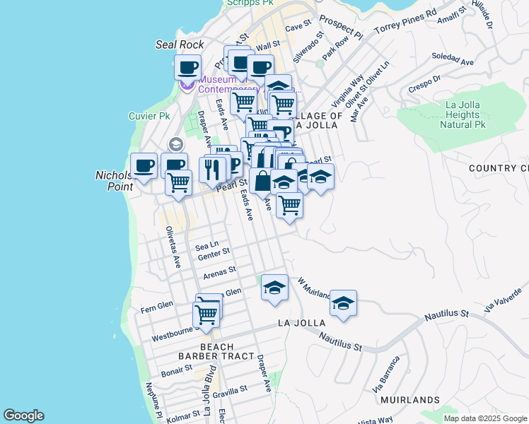 map of restaurants, bars, coffee shops, grocery stores, and more near 7376 Fay Avenue in San Diego