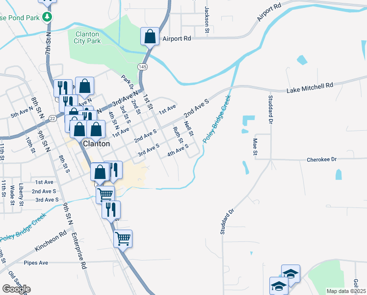 map of restaurants, bars, coffee shops, grocery stores, and more near 17 4th Avenue South in Clanton